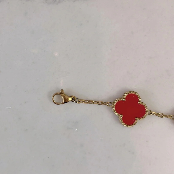 Lucky Four Leaf Clover Bracelet Red Enamel Gold Stainless Steel Adjustable - Picture 3 of 12